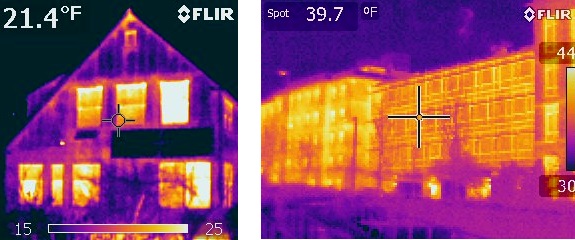 Heat-sensing camera images — where red and white ‘heat’ colors show higher heat loss — of a house wall with windows shows lower heat loss at the walls contrasted with high heat loss at the windows, and a university building wall with large windows shows high heat loss across the entire facade.