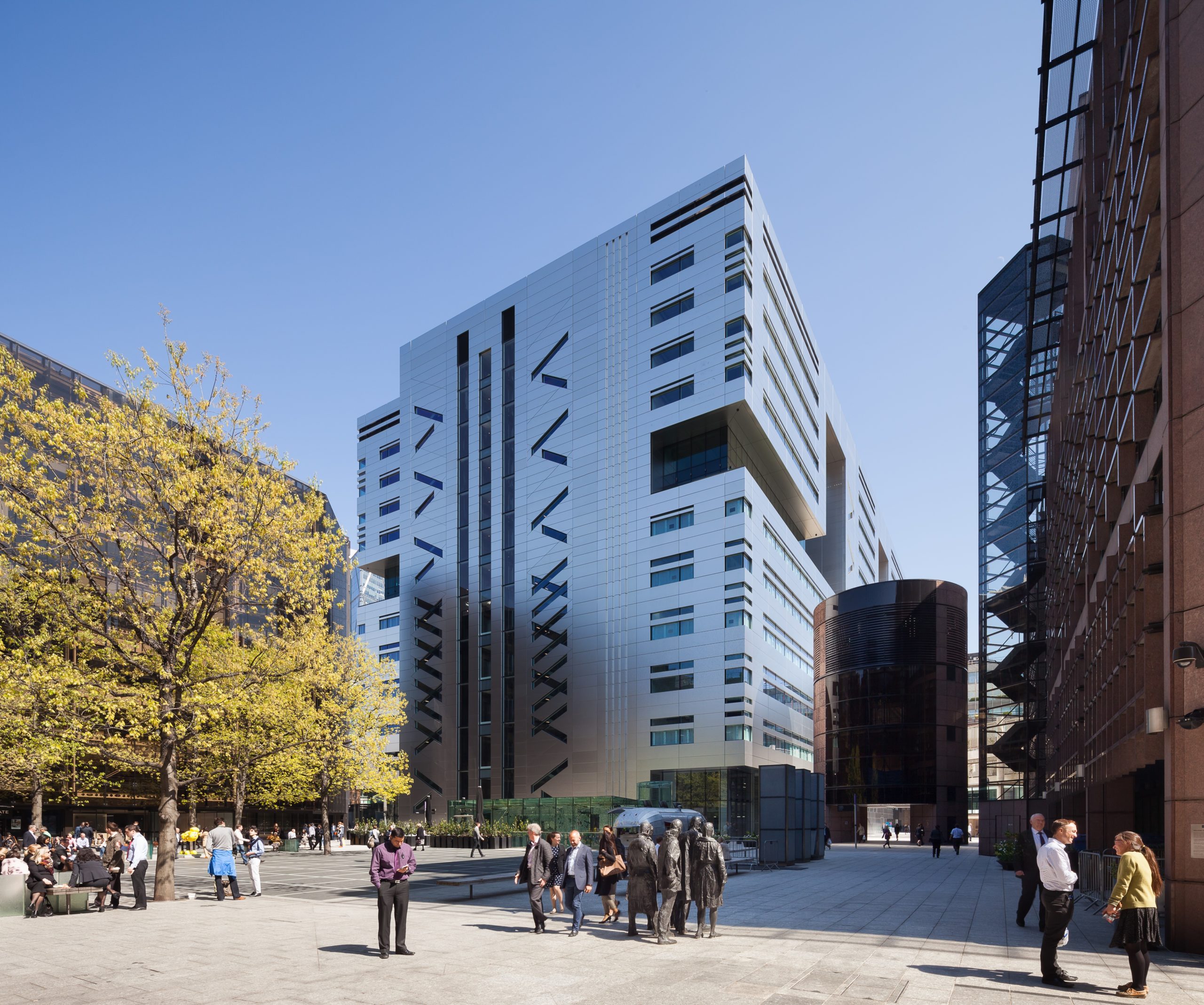 Figure 1. Broadgate in London (pictured above) is designed by Ken Shuttleworth, the architect of famous glass buildings. He no longer thinks it’s sensible to build all-glass facades. Photo credit: John Madden/Make Architects